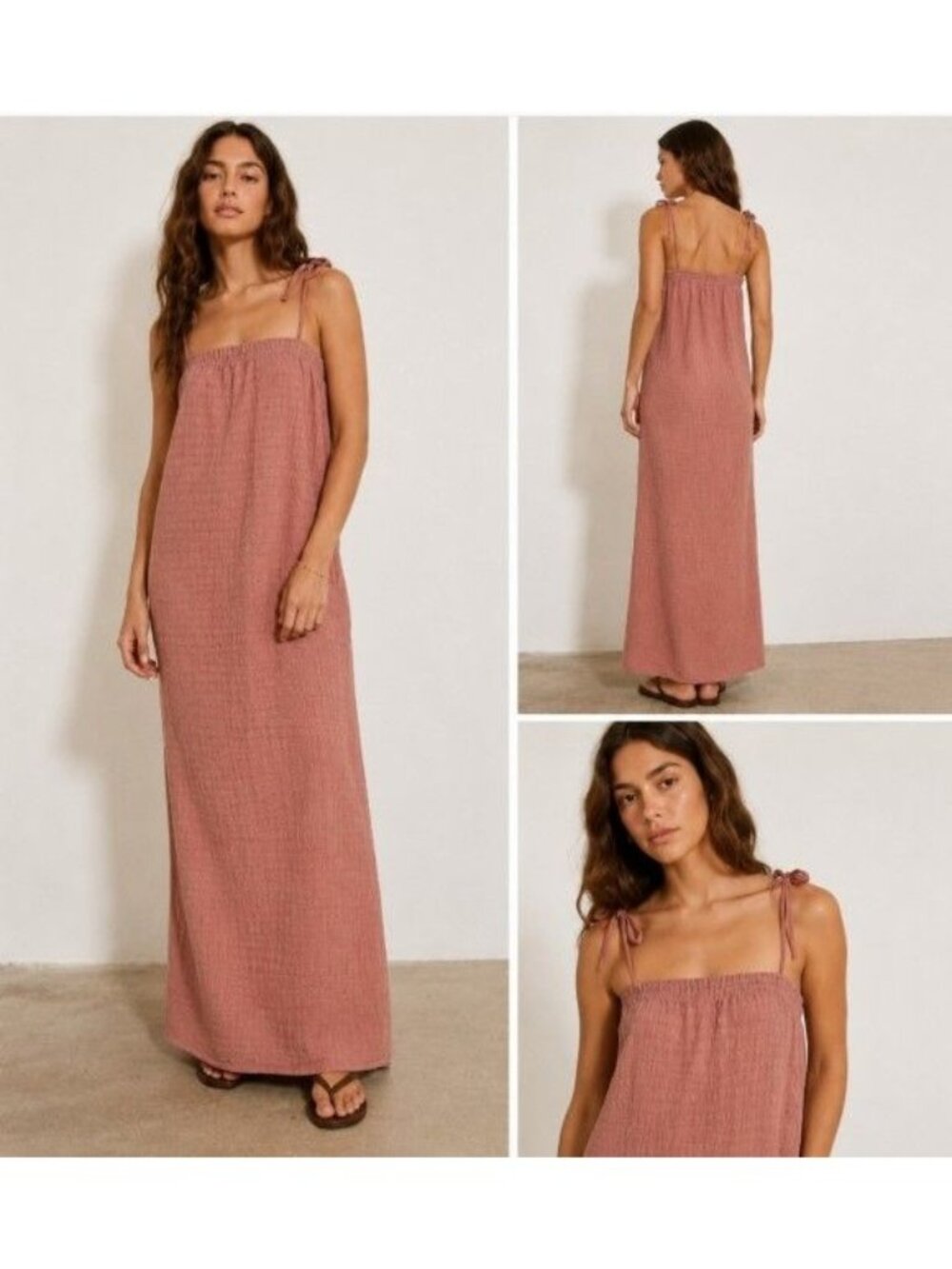 Womens Scandinavian Beachy Textured Tie Strap Maxi Dress Coastal Boho Pink